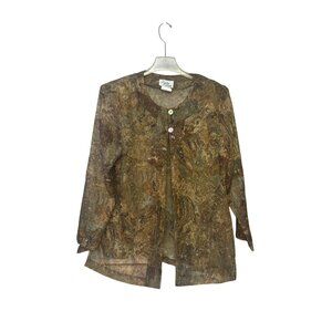 Lady Carol Womens Size 12 Button-Front Sheer Printed Jacket Brown Green  Vintage